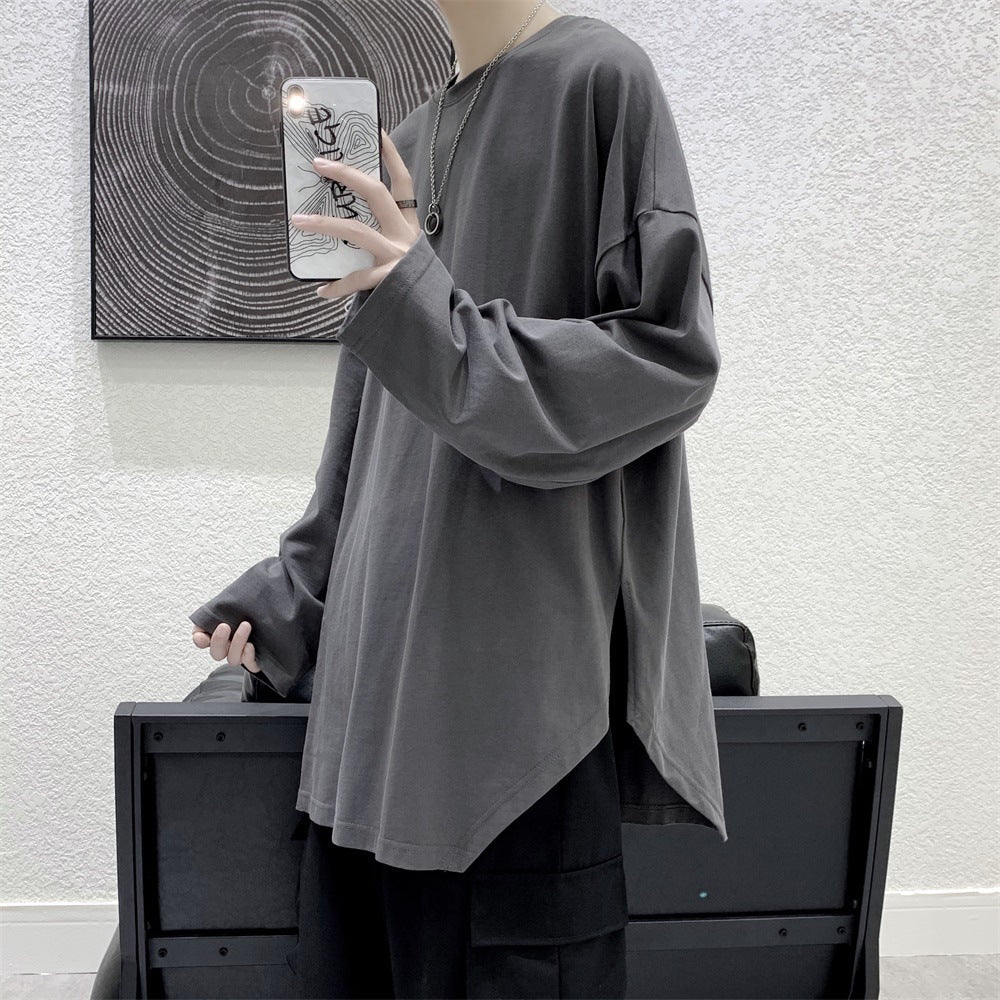 Simple casual trend men's fashion slit long sleeve t-shirt