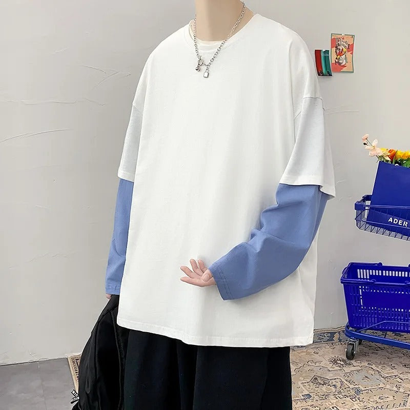 Oversized Loose Sweater Color Matching Casual Round Neck Long-sleeve T-shirt