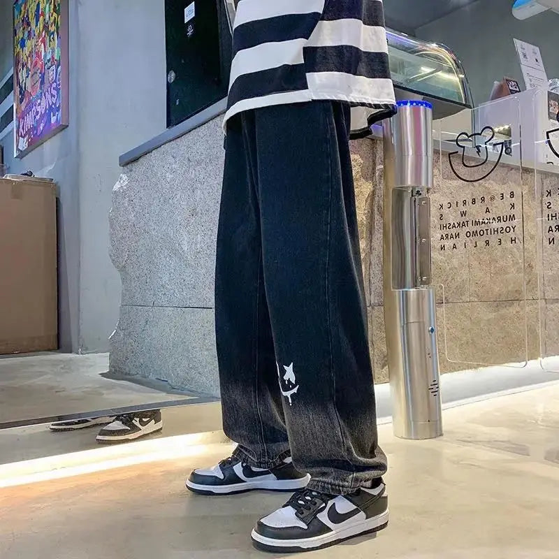 Harajuku Smile Print Baggy Pants Men Streetwear Wide Leg Oversize Jeans Vintage Y2k Straight Long Trousers Male 2025 Fashion