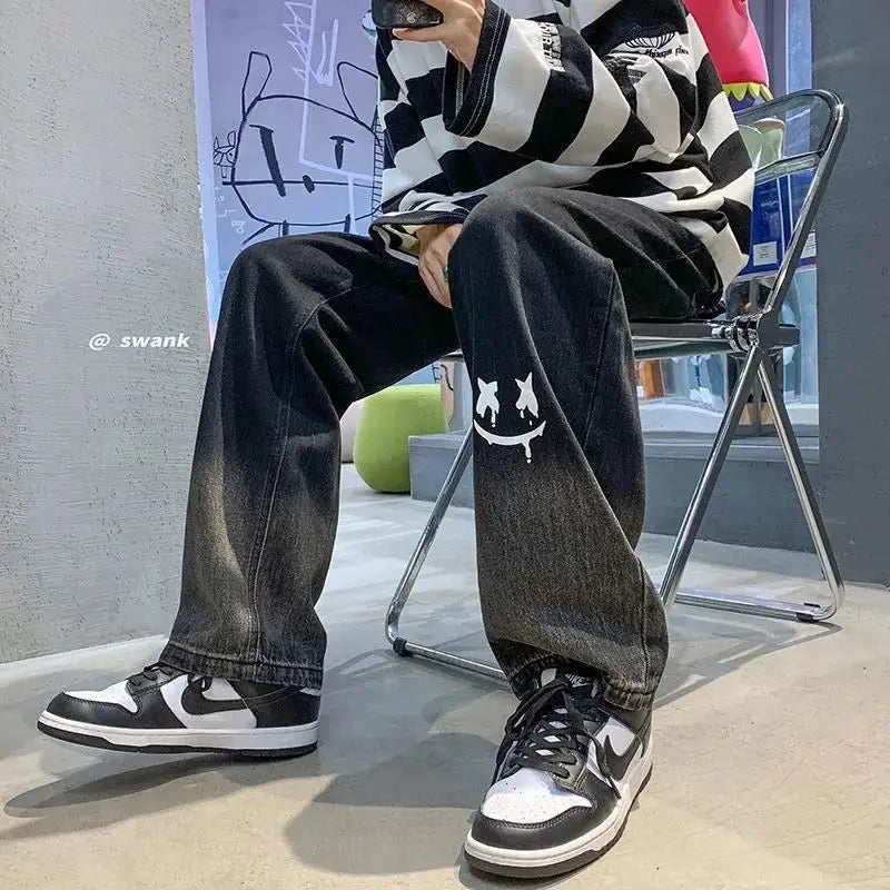 Harajuku Smile Print Baggy Pants Men Streetwear Wide Leg Oversize Jeans Vintage Y2k Straight Long Trousers Male 2025 Fashion