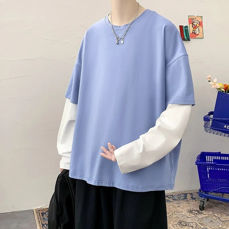 Oversized Loose Sweater Color Matching Casual Round Neck Long-sleeve T-shirt