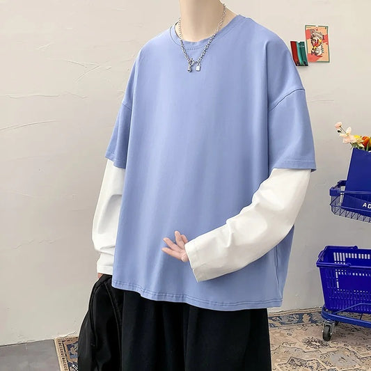 Oversized Loose Sweater Color Matching Casual Round Neck Long-sleeve T-shirt